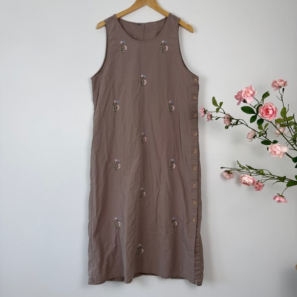 VTG! Floral Embroidered Dress Light Purple Brown Buttons Side Cottagecore Midi L - Picture 1 of 13